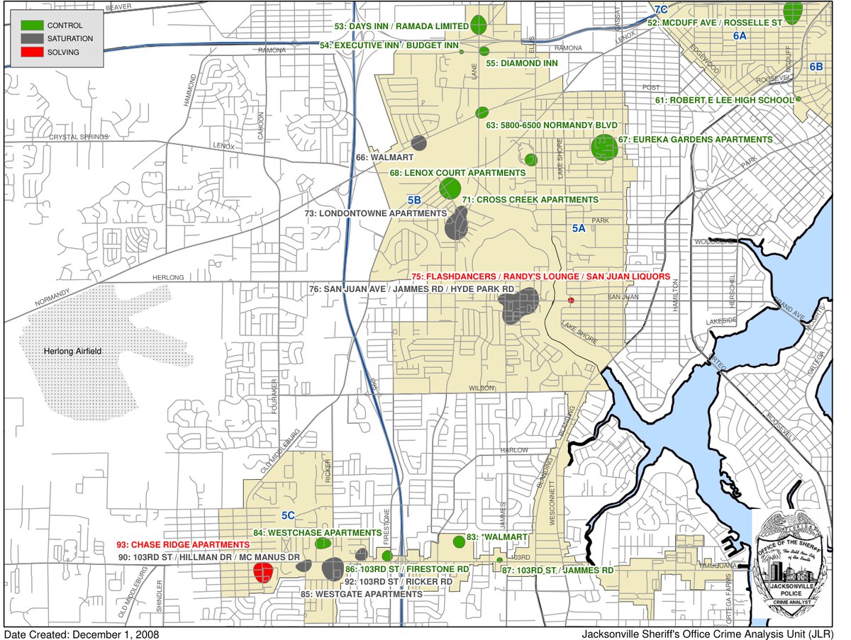 Map of the Jacksonville hotspots experiment showing control, saturation, and problem-solving sites